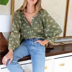 Emerson Fry India Collection Olive Cheetah Organic Frances Button Down Blouse XS